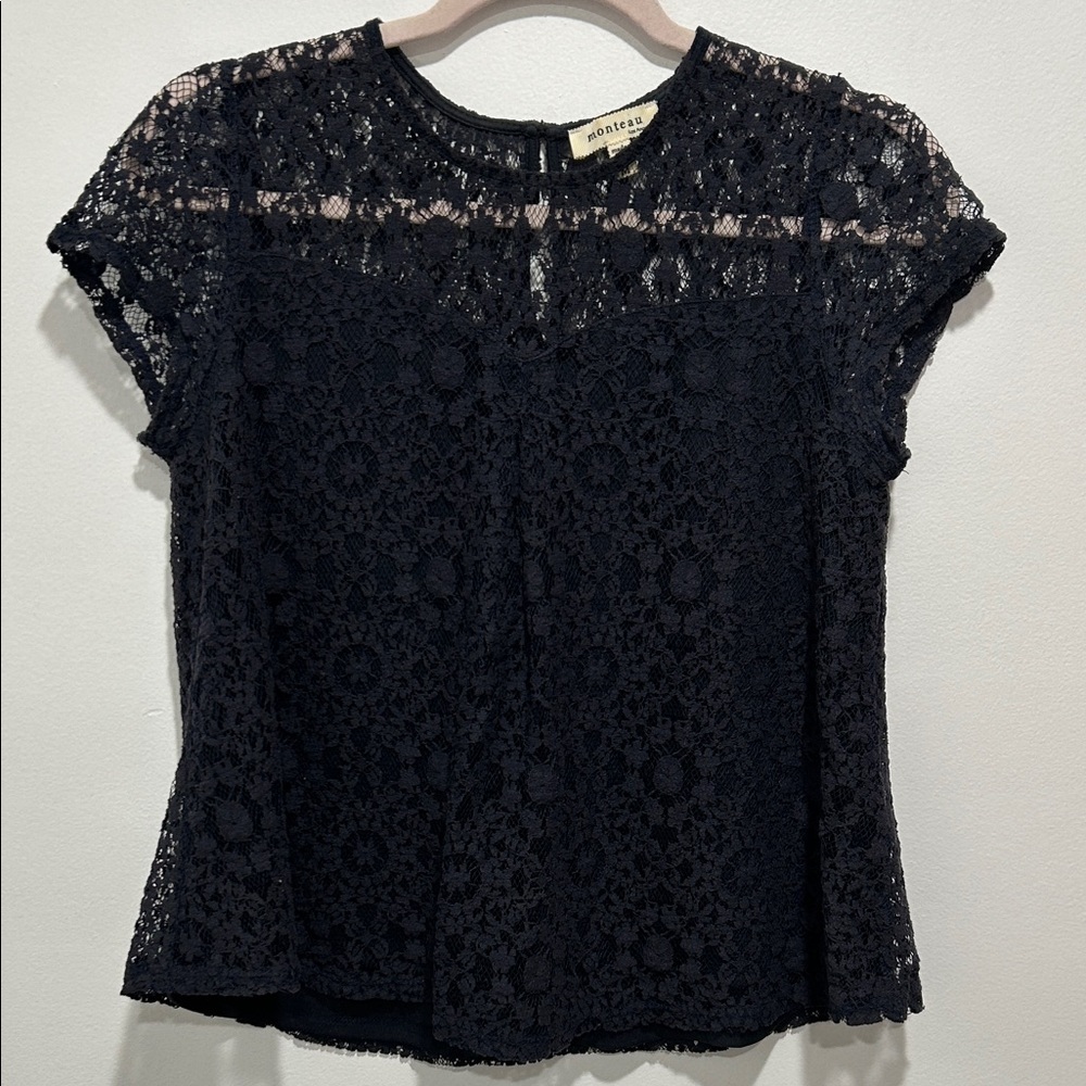 Monteau Black Floral Lace Short-Sleeve Top
